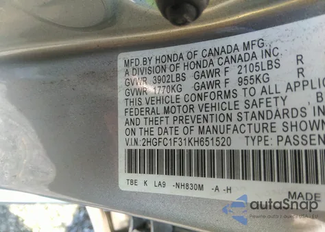 2019 Honda Civic Ex from USA, damaged, VIN 2HGFC1F31KH651520